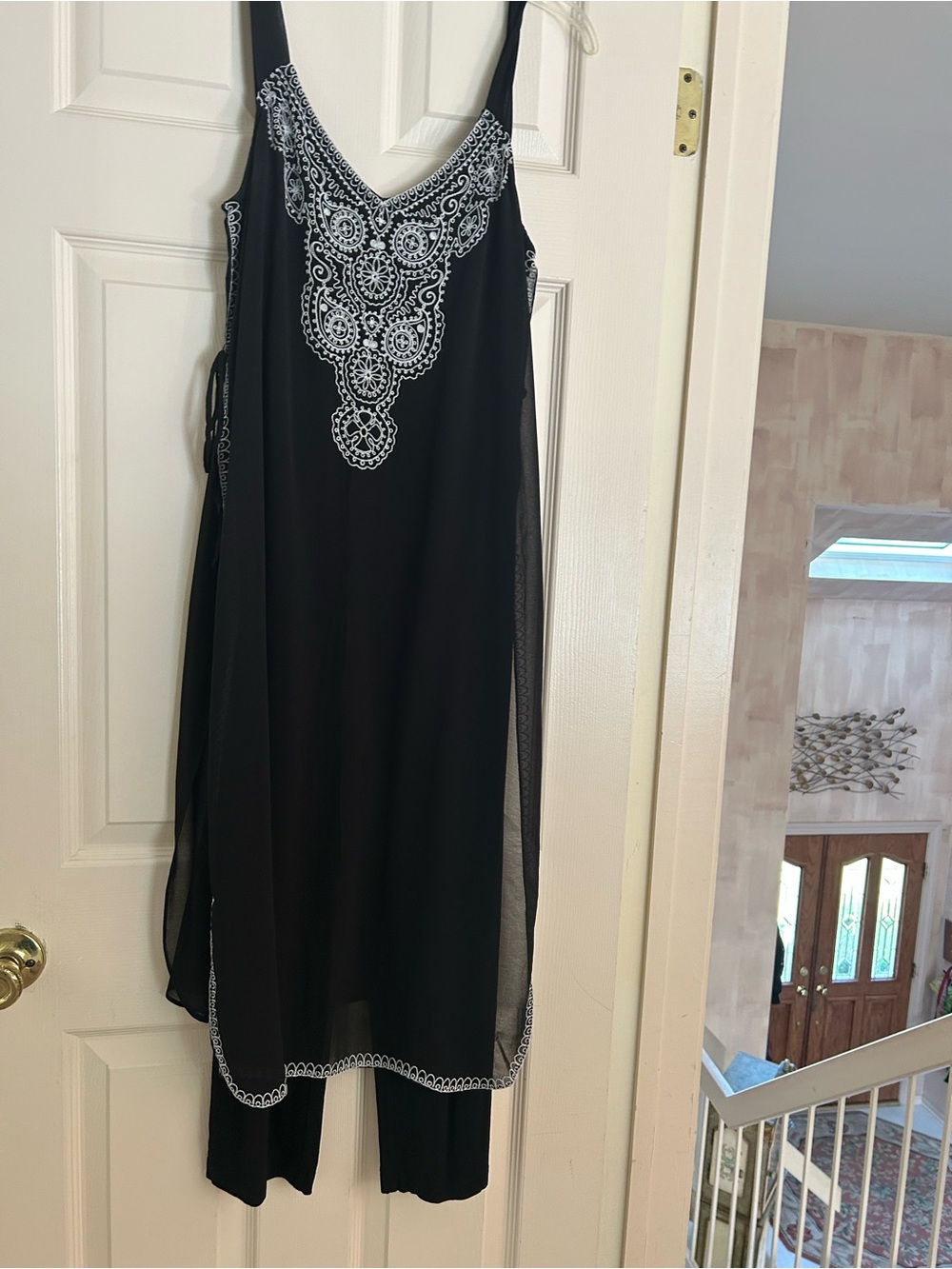 NIC+ZOE Black Jumpsuit with Chiffon Overlay and White Embroidered Trim